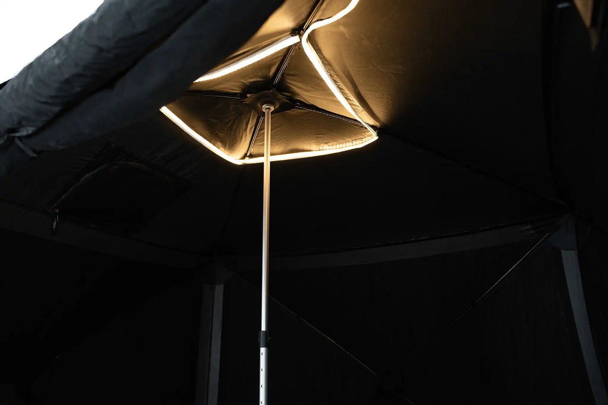 FSR HUB Tent Center Support Pole installed in a Freespirit Recreation HUB 4XL Pop-Up Camping Tent with interior LED Lights on