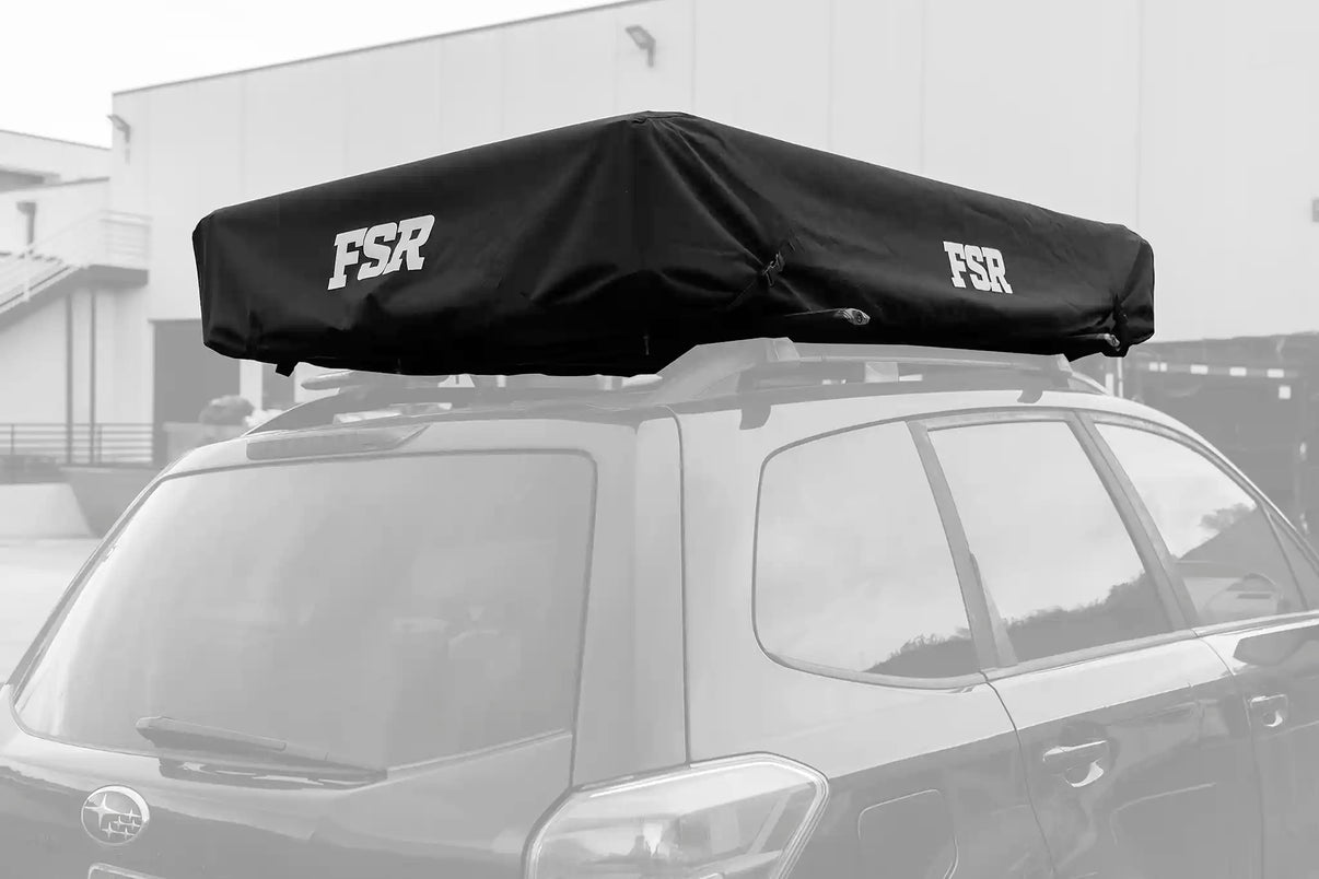 FSR Kali King Rooftop Tent mounted on a car with the FSR Kali King Roof Top Tent Cover installed 