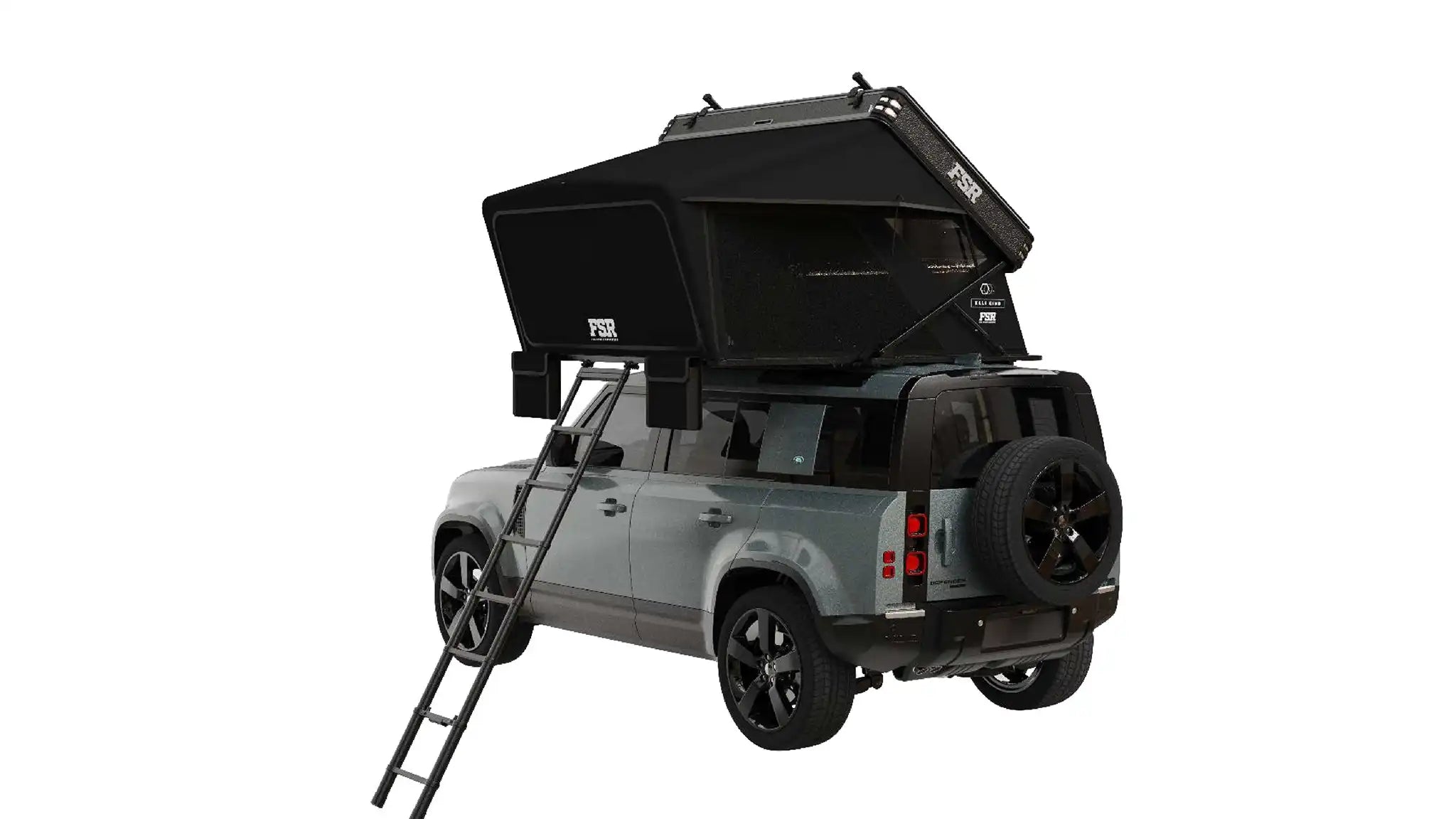 Rear-facing image of a Landrover Defender with a Kali King rooftop tent from Freespirit Recreation installed and tent access ladder deployed