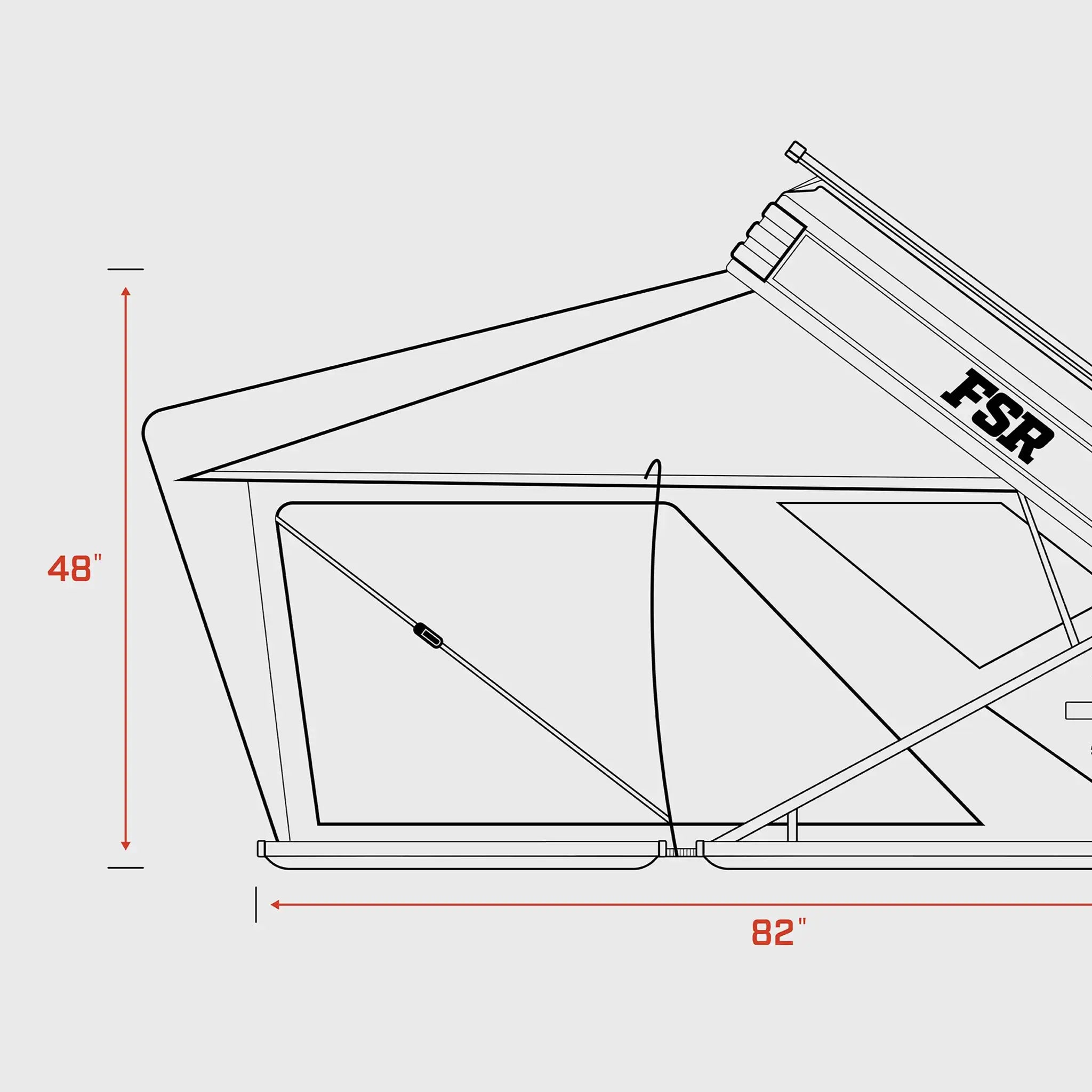 Diagram showing the open dimensions of the FSR Kali King Rooftop Tent height and length