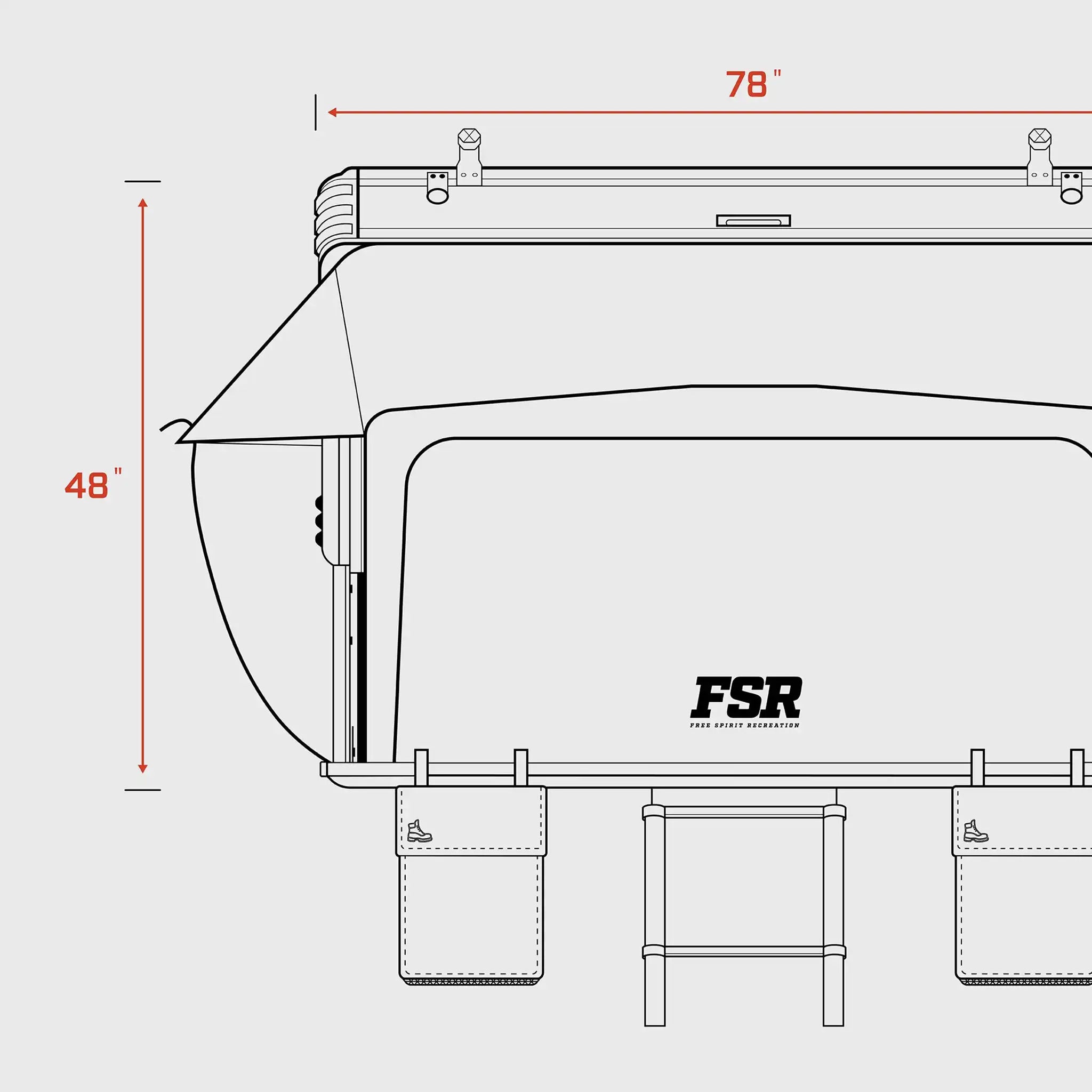 Diagram showing the open dimensions of the FSR Kali King Rooftop Tent height and width