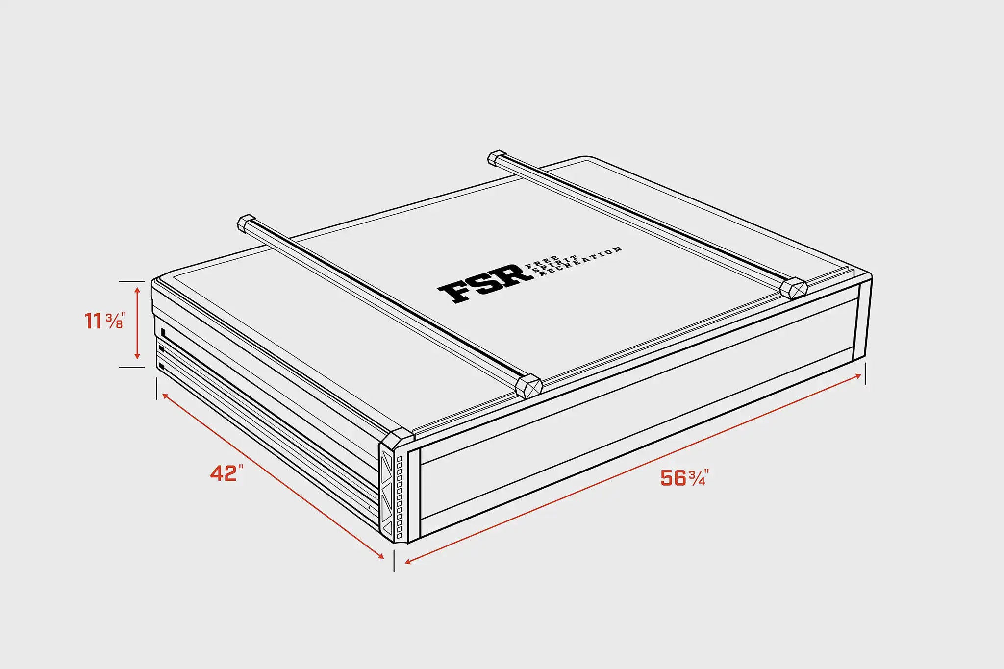 Diagram showing the dimensions of the FSR Nova rooftop tent when closed