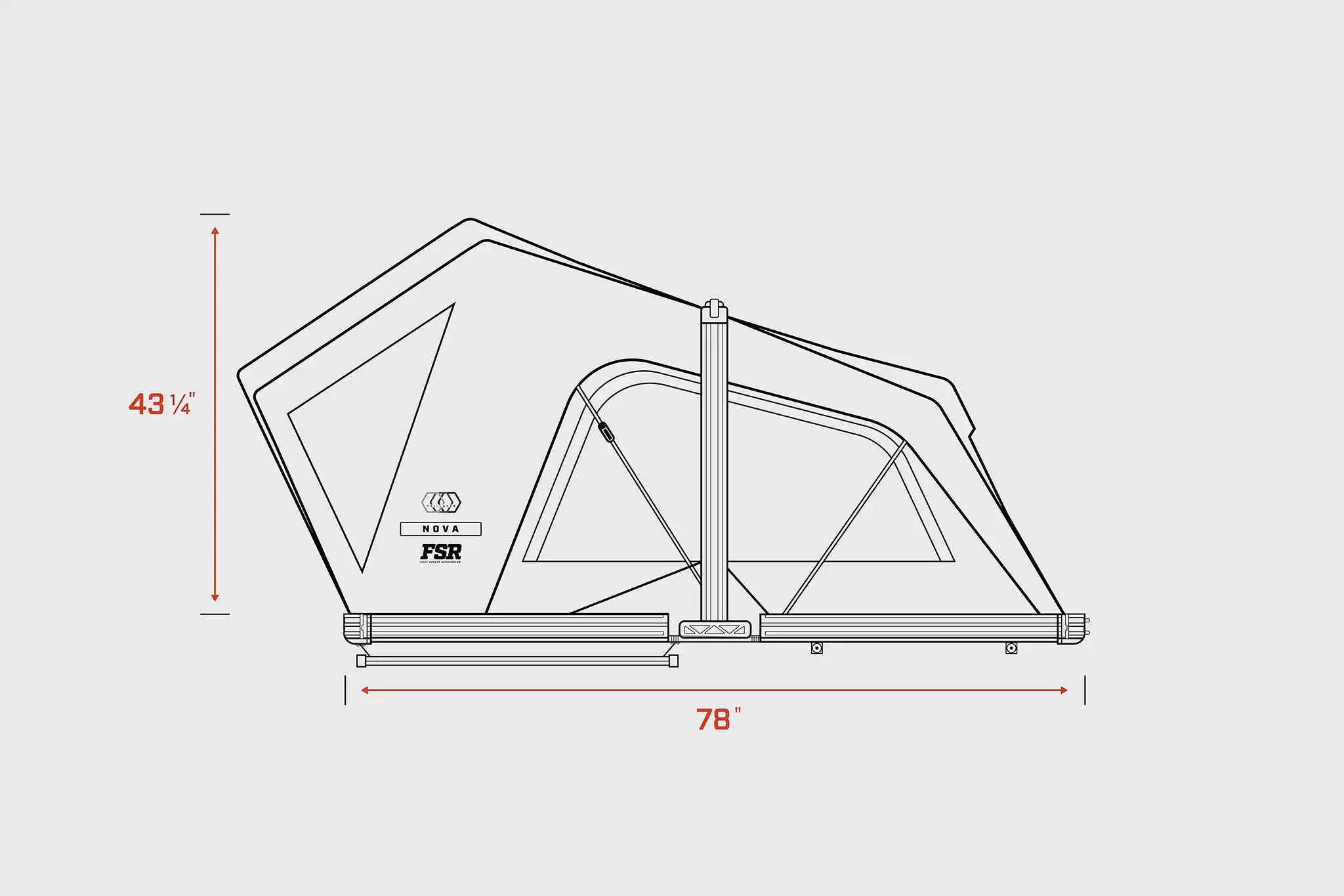 Diagram showing the open dimensions of the FSR Nova rooftop tent