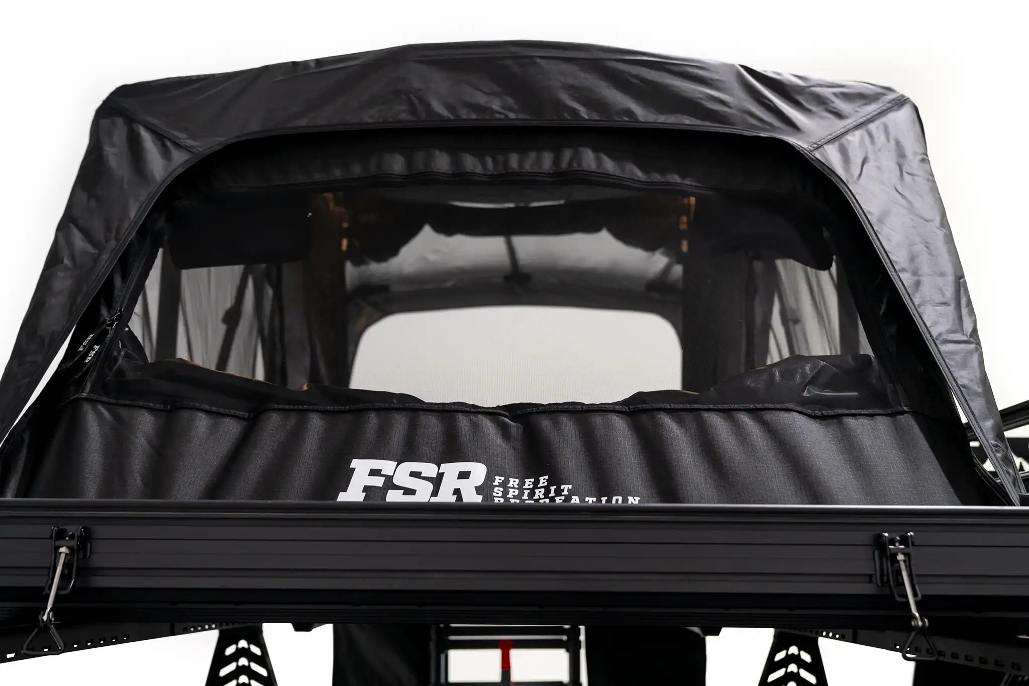 Close-up rear exterior photo of FSR Nova rooftop tent deployed.
