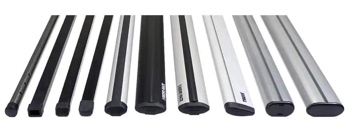 Image showing various roof rack crossbar types on a white background