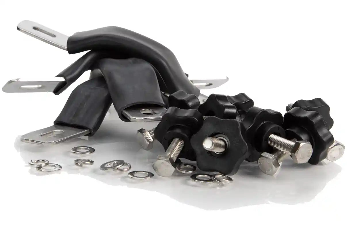 Freespirit Recreation rooftop tent mounting hardware for roof racks layed out on a white background