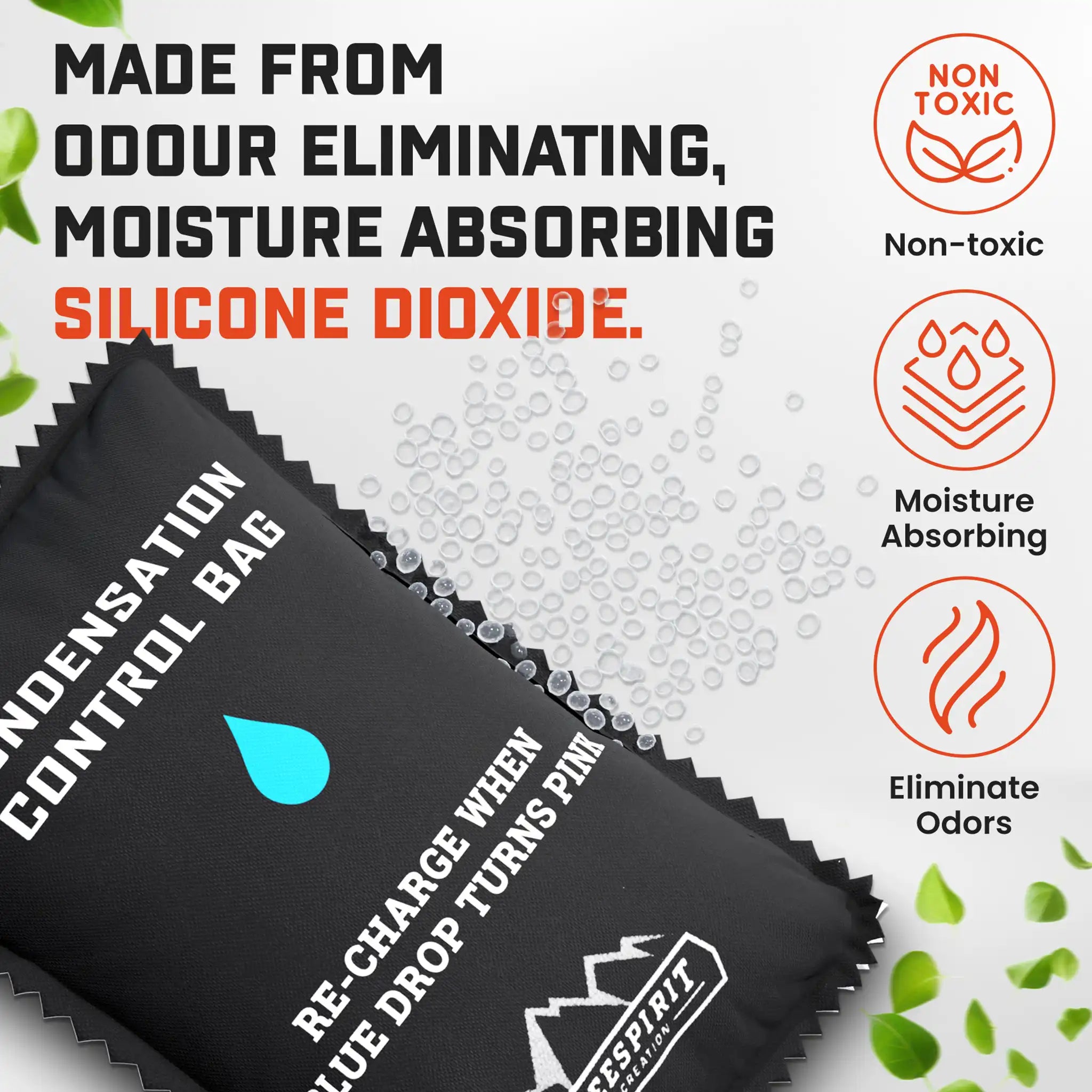 FSR Dehumidifier condensation control bag for rooftop tents, ground tents, and campers with text about its material properties