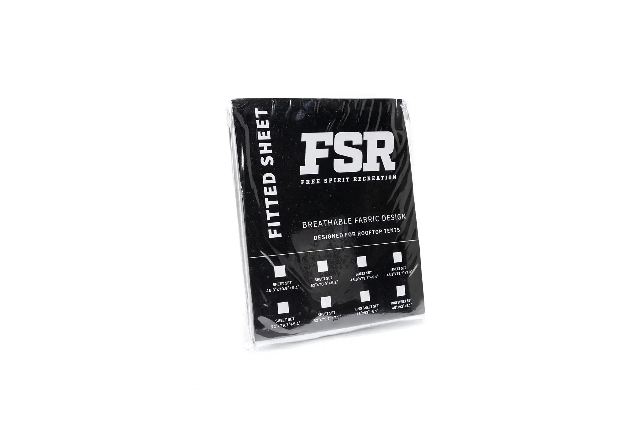 FSR Rooftop Tent Mattress Fitted Sheet in a zippered package indicating fabric properties with sizing chart