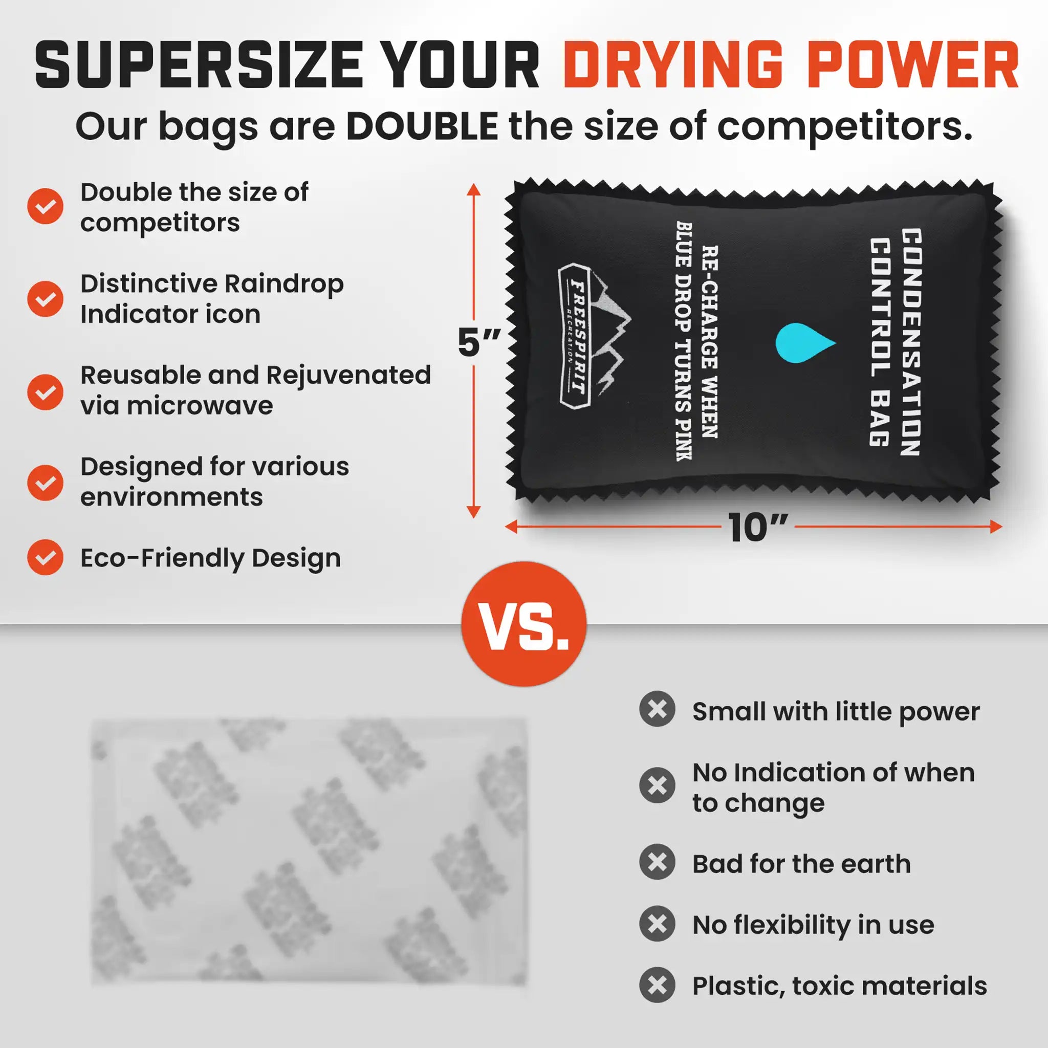 FSR reusable Dehumidifier Bags from Free Spirit Recreation for condensation control in Rooftop Tents with text highlighting features and comparison to competitors 