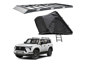 Lexus SUV with a rooftop tent and roof rack on a white background