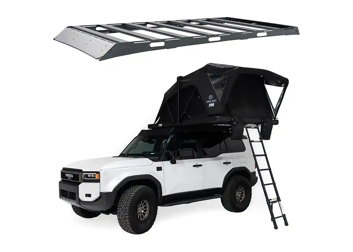 Backwoods Adventure Mods Toyota LC250 Roof Rack with Free Spirit Recreation Rooftop Tent and Awning Bundle from FSR