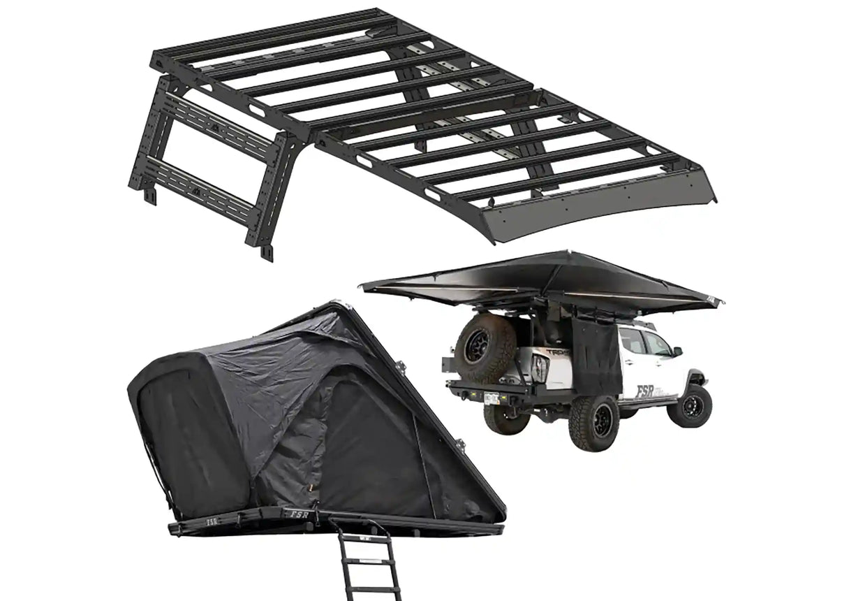 Backwoods Adventure Mods Tacoma Bed Rack, Roof Rack, with Free Spirit Recreation Rooftop Tent and Awning from FSR